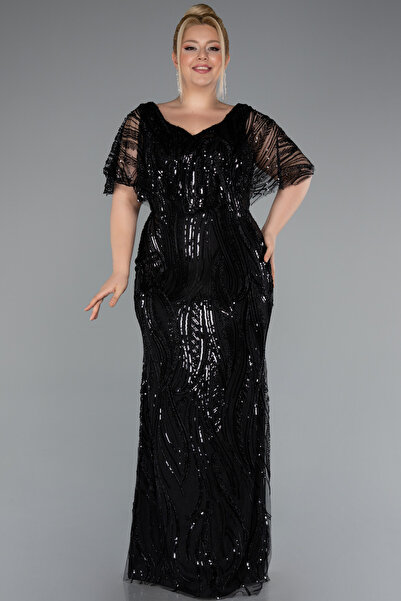 Abiyefon Siyah Kısa Kol V Yaka Uzun Boncuklu Büyük Beden Abiye ABU5157