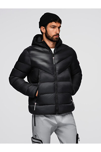 OMBRE Moderne Herren-Steppjacke aus kombinierten Materialien - Schwarz OM-JAH...