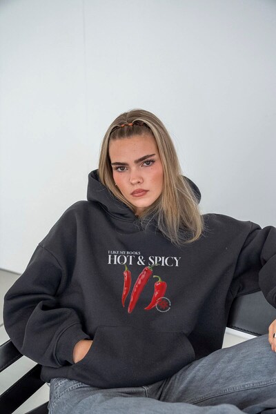 The Champ Clothing Γυναικείο φούτερ με κουκούλα Oversize Hot & Spicy Printed Smoked – Φλις με κουκούλα, 3 κλωστές με ανάλαφρο χρώμα