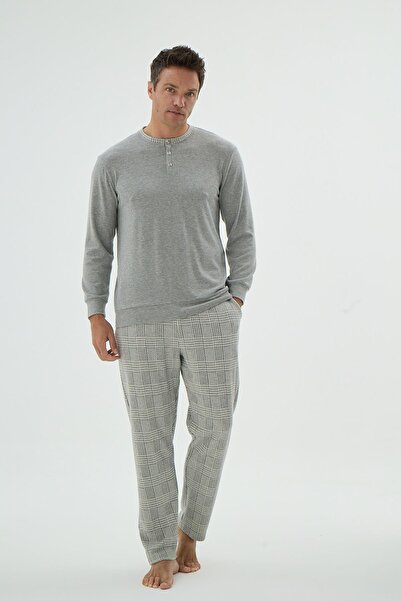 Sevim Men's Long Sleeve Button down Collar Plaid Bottom Grey Melange Pajama Set C8T1N69