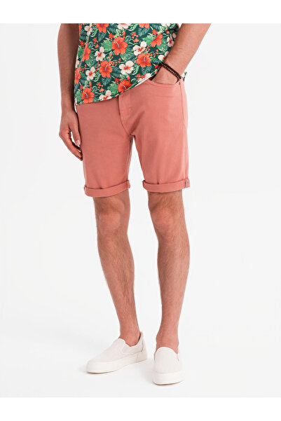 OMBRE Pánské džínové klasické kraťasy s ohrnutými nohavicemi - korálové V6 OM-SRDS-0162 XL