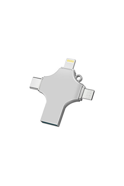 Axeloni ® 128GB 4-in-1 USB Flash Drive, USB-C/Lightning/MicroUSB/USB-A, iOS & Android, Gray