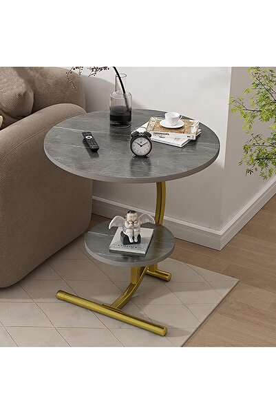 COOYA Coffee Table Marble 2 Layer Round Side Table Modern Minimalist Side Cabinet Table for Living Room