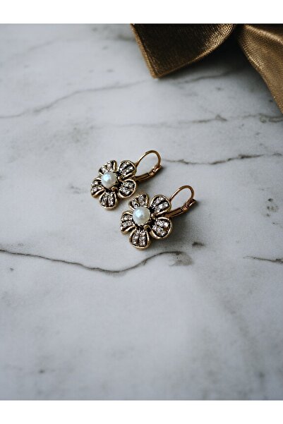 FAYRA ACCESSORIES Kristal Taşlı Çiçek Figürlü İnci Küpe