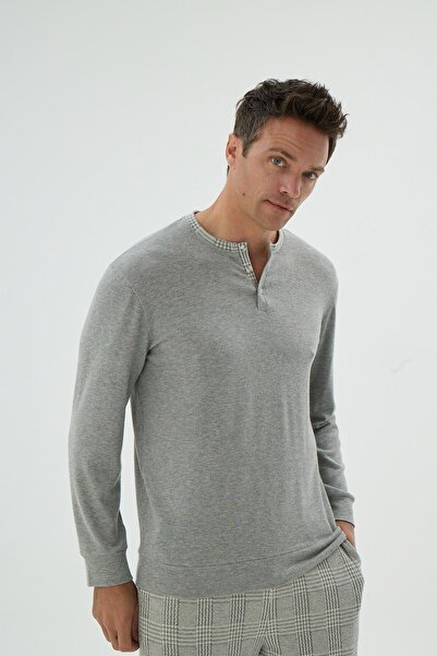 Sevim Men's Long Sleeve Button down Collar Plaid Bottom Grey Melange Pajama Set C8T1N69