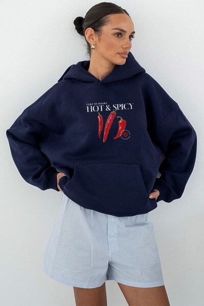 The Champ Clothing Γυναικείο φούτερ με κουκούλα Oversize Hot & Spicy με στάμπα σε μπλε ναυτικό – Φλις με κουκούλα, 3 κλωστές με ανάλαφρο χρώμα