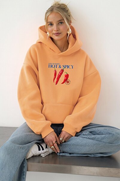 The Champ Clothing Γυναικείο φούτερ με κουκούλα Oversize Hot & Spicy με στάμπα πορτοκαλί – με κουκούλα, 3 κλωστές από φλις με ριμπ