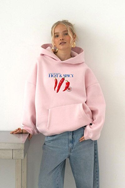 The Champ Clothing Γυναικείο φούτερ με κουκούλα Oversize Hot & Spicy με στάμπα ροζ – Φλις με κουκούλα, 3 κλωστές με ανάλαφρο ριχτάρι