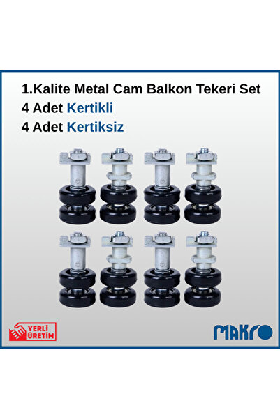GLASSMAKRO 1. Kalite 4 Adet Kertikli + 4 Adet Kertiksiz Metal Cam Balkon Tekeri Set