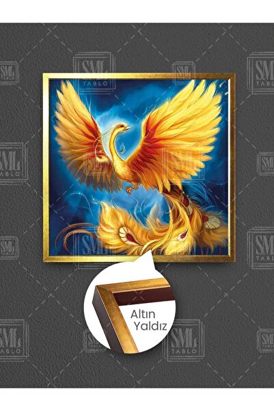 SML TABLO Pictură pe pânză pătrată înrămată cu înrămare, cu pasăre Simurg galbenă, artă, mitologie, smarald, Phoenix