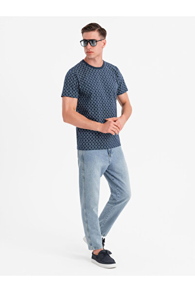 OMBRE Pánské pletené tričko s potiskem - tmavě modrá V1 OM-TSFP-0250 S