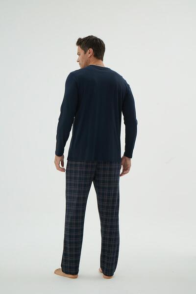 Sevim Erkek Uzun Kol Cep Detaylı Ekose Alt Lacivert Pijama Takımı C4T2N69