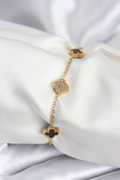 Twin Store 316L Steel Gold Color Black and Zircon Stone Baby Boy Clover Women...