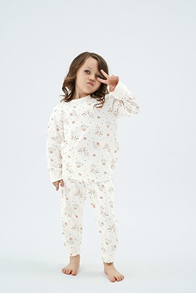 Sevim Girl's Long Sleeve Printed Ecru Pajama Set C4T2N98