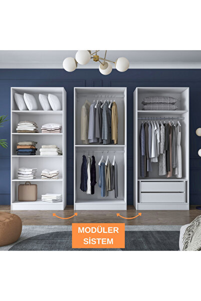 Rani Mobilya Rani BA158 Geniş Gardırop Elbise Dolabı 6 Kapaklı 2 Çekmeceli 7 Raflı 3 Askılı Modüler Dolap Beyaz