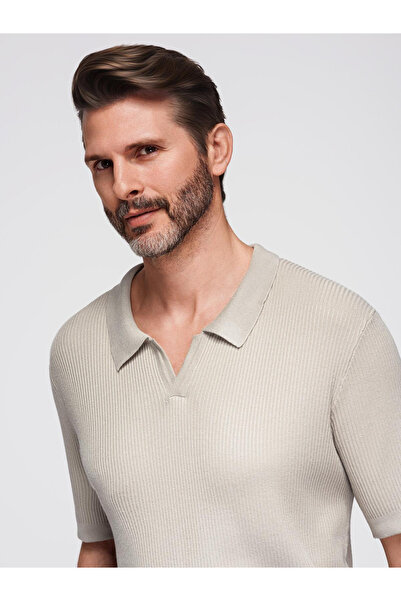 OMBRE Pánské polo tričko bez knoflíků s otevřeným límcem - světle šedé V3 OM-POSS-0160