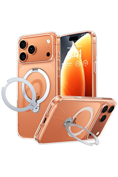TORRAS İPhone 17 Pro Uyumlu  O Stand Spin Serisi Magsafe Kılıf - Şeffaf