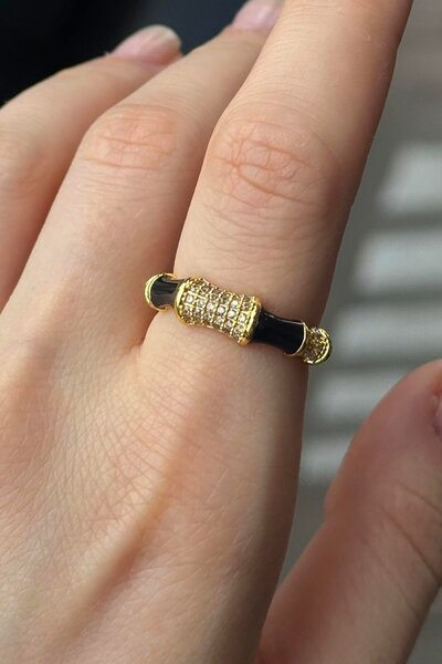 TAKIŞTIR خاتم قابل للتعديل مطلي بالمينا مع تفاصيل حجرية ذهبية اللون