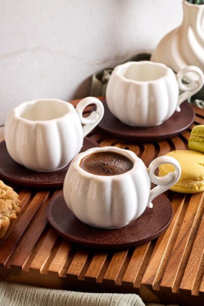 Evsun Home Collection 6 Person 12 Piece Coffee Cup Set with Acacia Plate 90ml