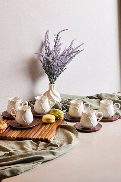 Evsun Home Collection 6 Person 12 Piece Coffee Cup Set with Acacia Plate 90ml