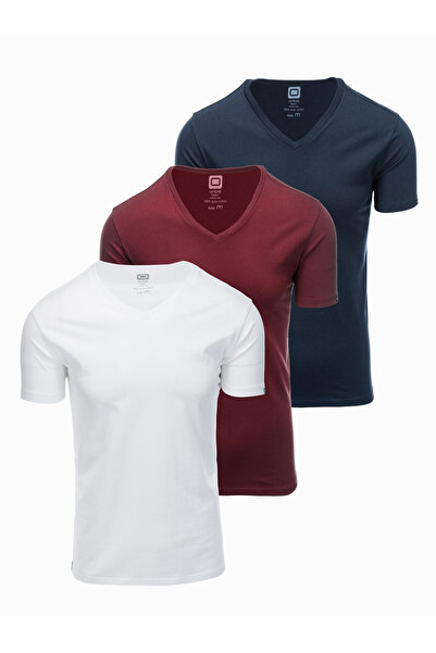 OMBRE Σετ ανδρικού βαμβακερού μπλουζάκι BASIC με V λαιμόκοψη - λευκό/καφέ/μπλ...