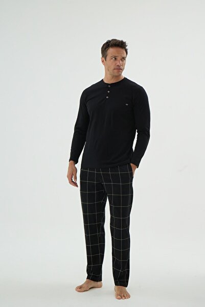 Sevim Men's Long Sleeve Striped Bottom Buttoned Collar Black Pajama Set C8T3N69
