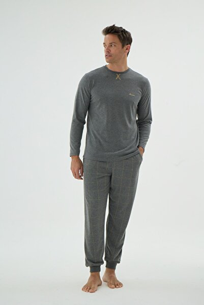 Sevim Men's Long Sleeve Jogger Leg Anthracite Pajama Set C6T2N69