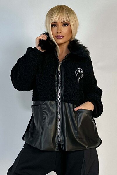 WildFashion Geaca casual din blanita creata si piele ecologica cu blana sinte...