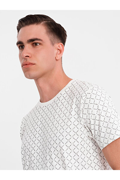 OMBRE Ανδρικό πλεκτό πουκάμισο με στάμπα - λευκό V3 OM-TSFP-0250 XL