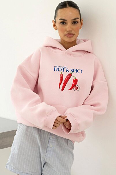 The Champ Clothing Γυναικείο φούτερ με κουκούλα Oversize Hot & Spicy με στάμπα ροζ – Φλις με κουκούλα, 3 κλωστές με ανάλαφρο ριχτάρι