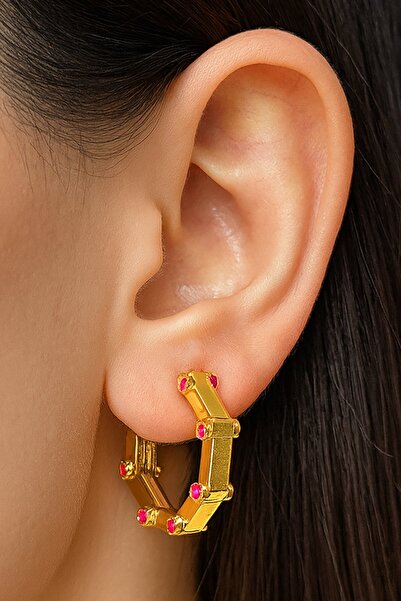 TAKIŞTIR Gold Color Stone Detailed Hoop Ysx Earrings