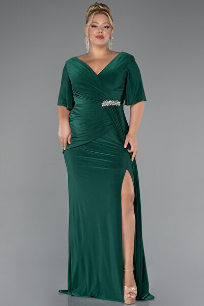 Abiyefon Zümrüt Yeşili Kısa Kol Yırtmaçlı Uzun Büyük Beden Abiye ABU5287