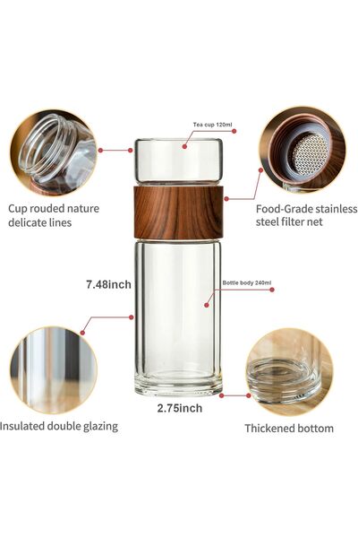COOYA Glass Tea Infuser,300ml with Strainer Tea Tumbler,Leakproof,for Loose Leaf Flower Herbal Tea Bags