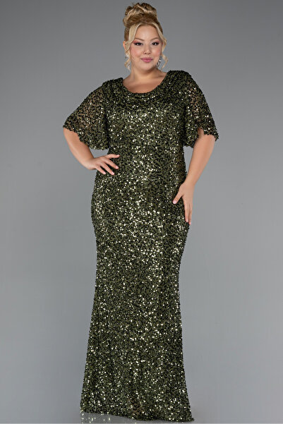 Abiyefon Haki Kısa Kol Uzun Pullu Büyük Beden Abiye ABU5318