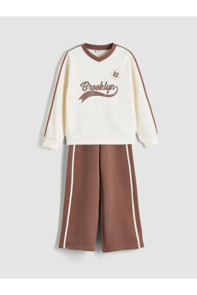 LC Waikiki Lcw Kidsekru V-Neck Girls' Sweatshirt and Sweatpants