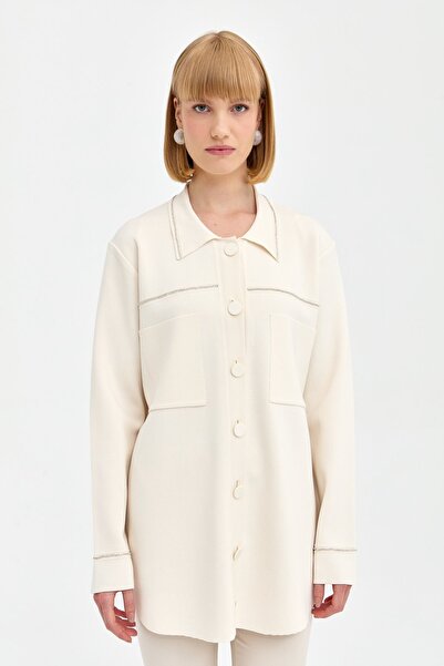 Nihan Cep Detaylı Polo Yakalı Hırka Ekru