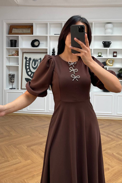 Neşeli Butik rochie midi cu mâneci bufante cu detaliu panglică pentru femei NBMY3578