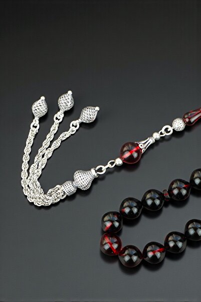 Tesbih Otağı Sphere Cut Fire Amber Prayer Beads – 925 Sterling Silver with Tassels, Certified