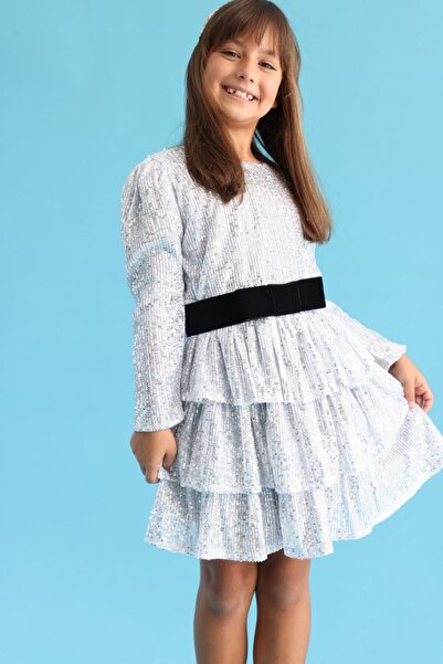 Le Mabelle Silver Sequin Layered Girl's Dress - Liona