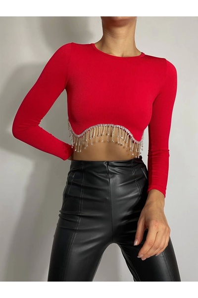 Bak Moda Chain Detailed Ribbed Long Sleeve Red Crop