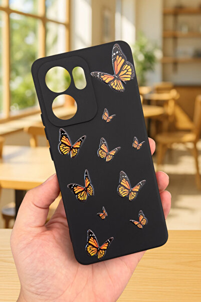 Vip Case OPPO RENO 13 F Uyumlu Turuncu Kelebek Desenli Silikon Darbe Emici Klasik Korumalı Rubber Kılıf