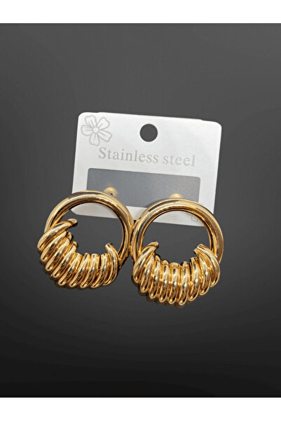 FM Gold Color Plated Hoop Model Women's Earrings – 316L Steel, Modern Design with Spiral Detail
