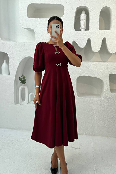 Neşeli Butik rochie midi cu mâneci bufante cu detaliu panglică pentru femei N...