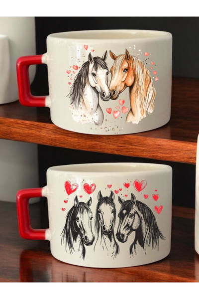 lili hediyelik طقم فناجين قهوة سيراميك مكون من قطعتين مطبوع عليه Love Horse -...