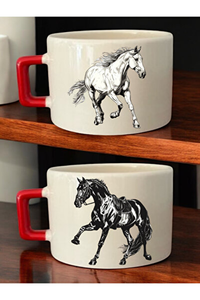 lili hediyelik طقم فناجين قهوة سيراميك مكون من قطعتين بطباعة حصان جاري - فنجا...