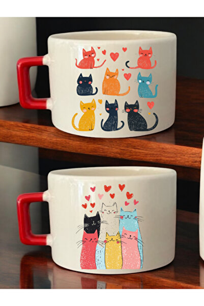 lili hediyelik طقم من كوبين للقهوة مطبوع عليه صورة قلب قطة - أكواب سيراميك لل...