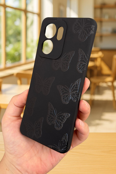Vip Case OPPO RENO 13 F Uyumlu Siyah Kelebek Desenli Silikon Darbe Emici Klasik Korumalı Rubber Kılıf 277