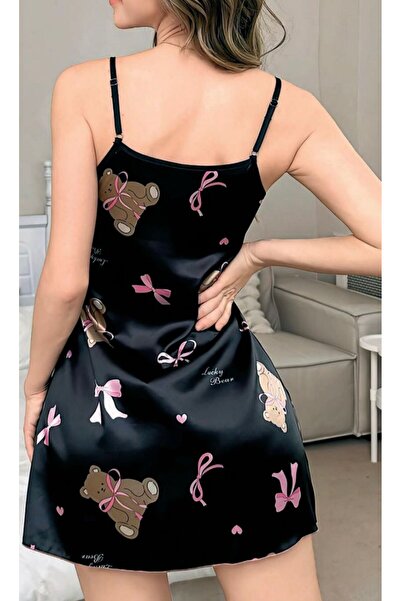 Nightlight Siyah Ince Askılı Ayıcık Desenli Saten Mini Gecelik