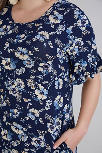 wearon tekstil Wearon Women's Dora Plus Size Flared White Daisies Navy Blue Dress