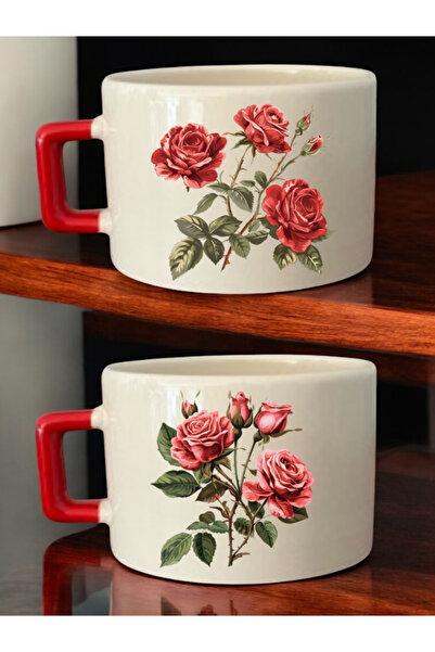 lili hediyelik طقم من كوبين للقهوة مطبوع عليه زهور الورد - أكواب سيراميك للشا...